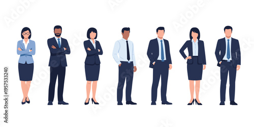 Professional Business People Character Set with Men and Women in Formal Office Wear Standing Poses for Corporate Team, HR, and Workplace Design
