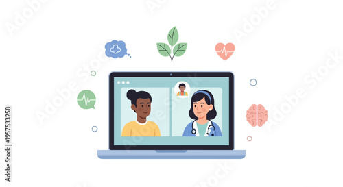 Telemedicine Consultation: Patient & Doctor Video Call on Laptop. Remote Healthcare, Digital Medical Services, Virtual Wellness, and Online Mental Health Support.