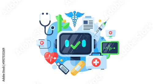 AI Healthcare Assistant Concept. Robot with Medical Devices for Digital Diagnostics, Telemedicine & Smart Health Technology