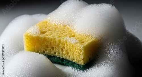 A sponge soaked in soapy bubbles ready for cleaning tasks.
