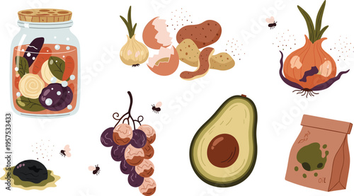 Food waste and recycling vector icon set featuring moldy strawberry rotten cheese fish bones on plate trash bin leftover pizza and plastic cup isolated on white background