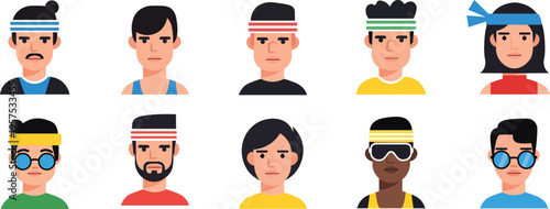 Set of Minimalist People Avatars with Headbands and Glasses, Flat Vector Character Icons for Social Media Profiles and User UI Design Elements