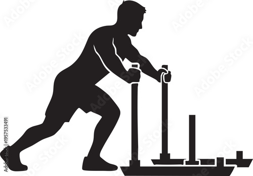 Silhouette of a man powerfully pulling a weighted sled during a strength workout