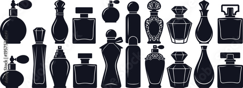 Elegant Perfume Bottle Silhouette Set Featuring Vintage and Modern Fragrance Containers with Decorative Caps for Luxury Cosmetic Packaging Design