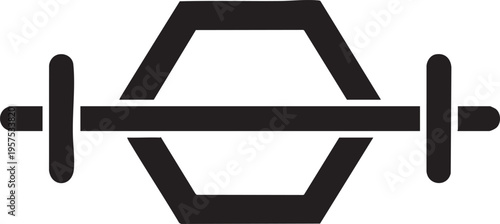 Black and white illustration of a barbell with a hexagonal plate design
