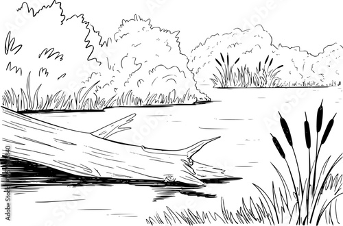 Black and white of a fallen tree trunk in calm water with reeds and foliage nature