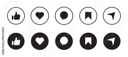 Like, share, save and comment icon in filled and line style isolated on white background. Set of social media elements. Social media like, share, save and comment button. Vector illustration.