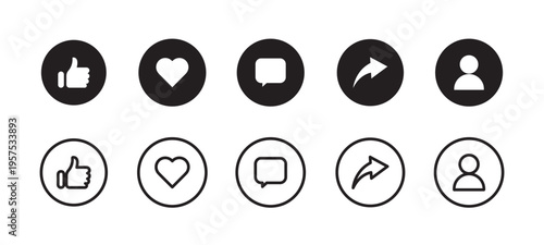 Like, share, save and comment icon in filled and line style isolated on white background. Set of social media elements. Social media like, share, save and comment button. Vector illustration.