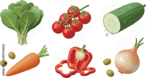 Fresh Organic Vegetable Collection with Cherry Tomatoes on Vine, Sliced Red Bell Pepper, and Cucumber for Healthy Food Menus, Cooking Blogs, and Grocery Market Graphics