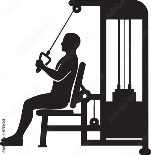 Silhouette of a man using a cable lat pulldown machine in a gym