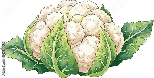 Fresh Raw Cauliflower Vegetable Vector Illustration with Detailed Green Leaves and Textured Curd for Healthy Eating Nutrition Organic Food and Agriculture Designs
