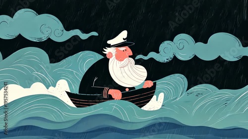 Sailor's Journey: Animated Cartoon Style Adventure on Stormy Seas with Bearded Man and Paddle Boat in Whimsical Design