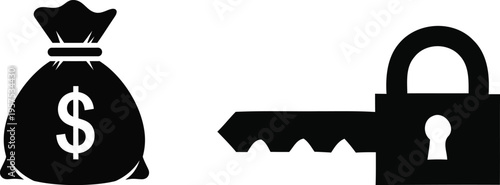 Silhouette vector illustration of money bag and lock with key symbolizing financial security and access control