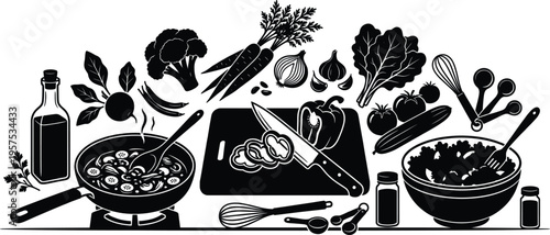 Fresh Vegetable Cooking Scene Silhouette with Pan Salad Bowl Knife and Ingredients Healthy Food Preparation Kitchen Illustration