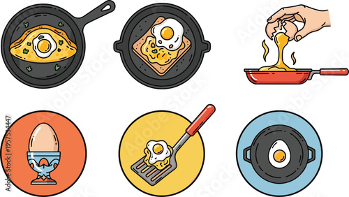 Fried Egg and Omelet Cooking Icon Set Featuring Pan Frying, Hand Cracking Egg, Boiled Egg Cup, Toast, and Spatula for Breakfast Menu Designs