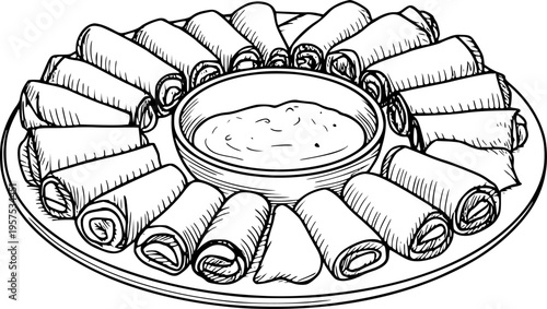 Hand Drawn Spring Rolls Appetizer Platter with Dipping Sauce food