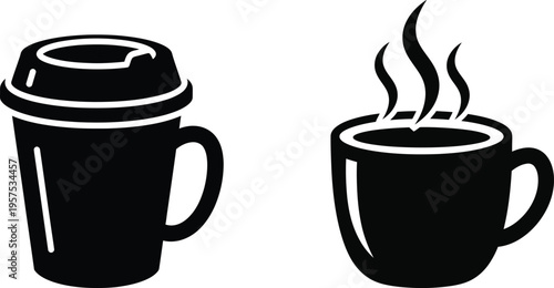 Silhouette vector illustration of thermos and steaming coffee mug