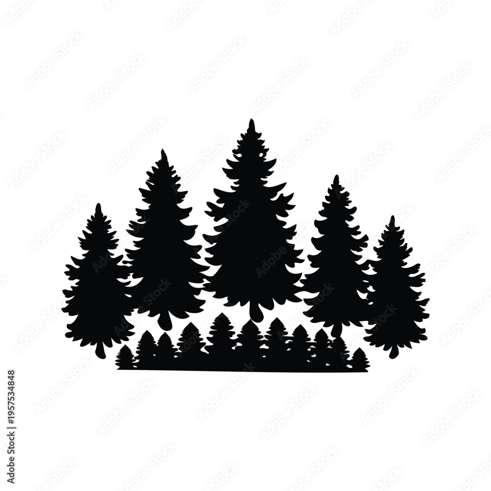 Obraz premium black and white trees forest with multiple pine trees silhouette vector illustration, forest pine cones silhouette vector illustration