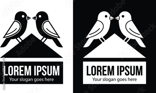 Minimalist vector logo set featuring two birds perched on a triangular roof peak with placeholder text for company name and slogan.