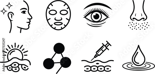 Skincare and dermatology icon set, facial treatment symbols, beauty procedure and medical skin vector