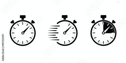 A classic black stopwatch vector illustration captures a vintage metal alarm clock aesthetic, featuring a countdown timer with second and minute numbers to serve as a retro reminder of an old morning 