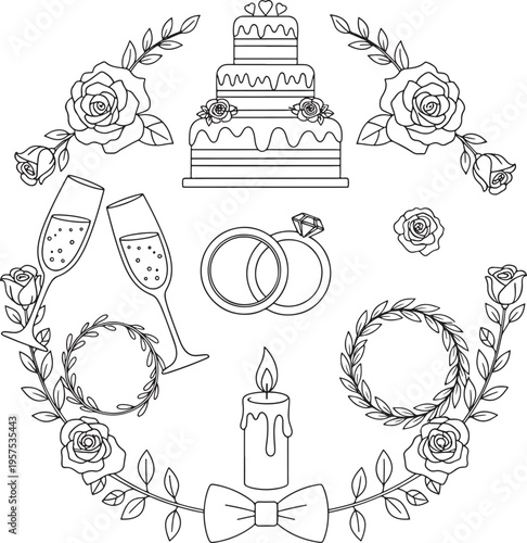 Elegant wedding celebration elements clipart multi tiered cake champagne flutes rings candle bowtie and floral wreaths