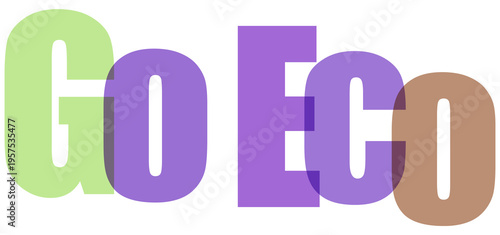Go Eco Text Design with Overlapping Green, Purple, and Brown Letters on White Background
