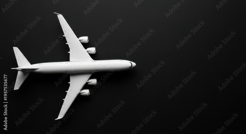 Obraz premium White Toy Airplane Model on Dark Background, Top View with Copy Space for Travel and Aviation Concepts
