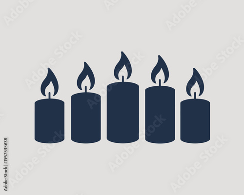 Five black silhouette candles with lit flames on transparent background
