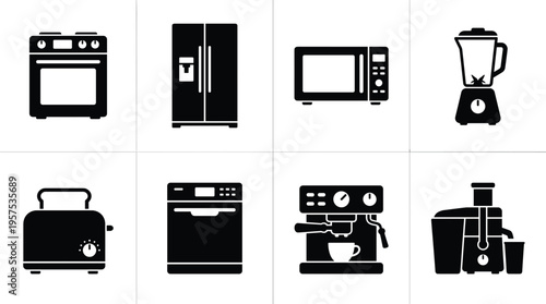Home Kitchen Appliances Icon Set Featuring Oven Refrigerator Microwave Blender Toaster Dishwasher Coffee Machine and Juicer Silhouette Collection