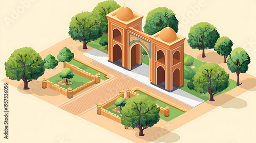 Aerial view of an old orange gatehouse surrounded by green trees and gardens