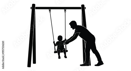 A father gently assists his child on a swing set creating a heartwarming family moment a striking silhouette high quality