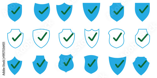Security shield icon set with check mark symbols for protection and safety verification, Security shield sign vector illustration, Lock security icon, Set of security shield