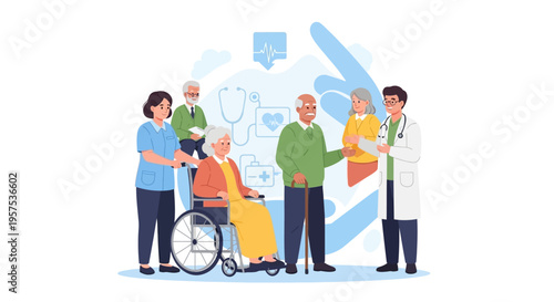 Geriatric Care and Senior Healthcare Services: Doctor, Nurse, and Diverse Elderly Patients Receiving Support Illustration