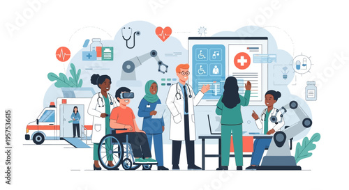 Digital Health Innovation: Diverse Medical Team, VR Patient, and Robotics Advancing Modern Healthcare