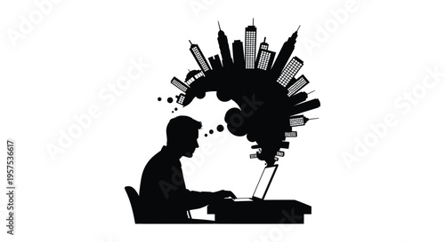 A man working on a laptop with a city emerging from his thoughts rendered as a striking silhouette high quality professional
