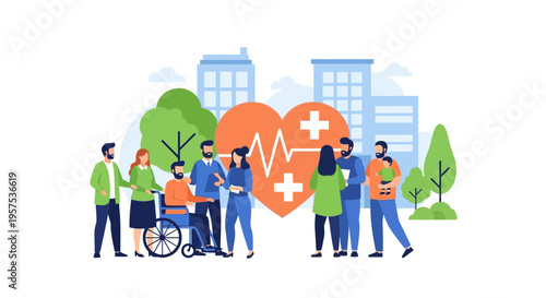 Diverse Community Health & Social Support System. People Group with Healthcare, Wellness & Disability Inclusion.