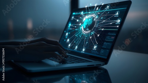 Futuristic laptop displaying digital network hologram in dark tech workspace with blue lighting