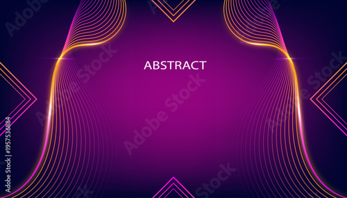 Abstract glowing pink and white wave lines on a purple gradient background, smooth flowing curves with futuristic neon light effects, elegant digital design for technology, presentations, and modern