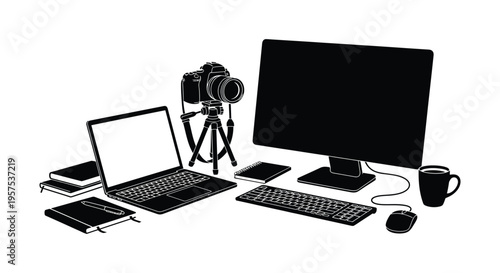 A black silhouette depicts a photographer s workstation with camera computer and accessories silhouette high quality professional detailed modern elegant stylish clean