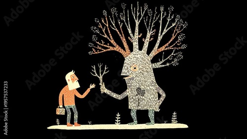 Whimsical Tree Spirit: Anthropomorphic Fantasy Art in a Magical Forest with Vibrant Colors and Enchanted World