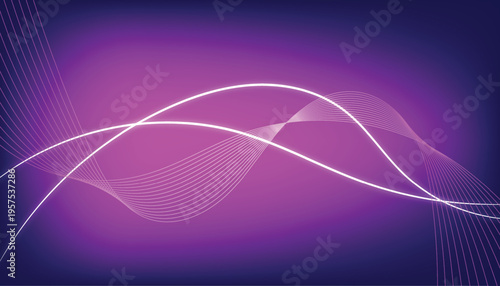 Abstract glowing pink and white wave lines on a purple gradient background, smooth flowing curves with futuristic neon light effects, elegant digital design for technology, presentations, and modern