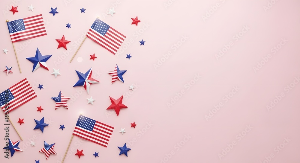 Obraz premium Memorial day patriotic decorations with american flags and stars