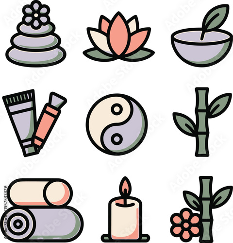Spa and wellness icons featuring natural elements and relaxation symbols