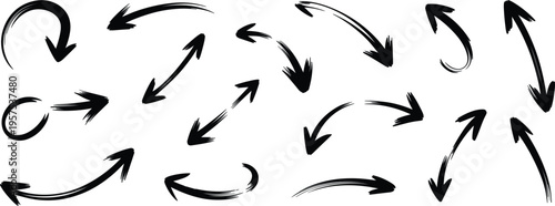 Hand drawn brush stroke arrows set with black ink texture, curved and directional vector illustration