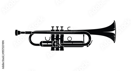 A striking black silhouette of a brass trumpet showcasing its curved form and valves silhouette high quality professional detailed modern elegant