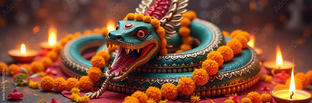 Obraz premium Colorful snake deity sculpture with marigold flowers and candles on altar for festival celebration. Snake deity features intricate designs and vibrant colors,