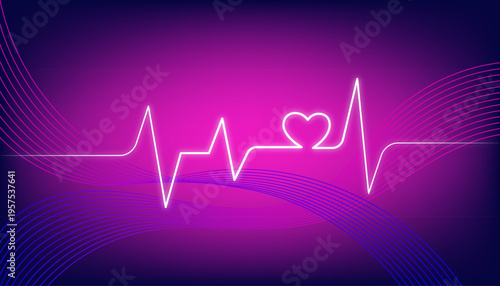 Abstract glowing pink and white wave lines on a purple gradient background, smooth flowing curves with futuristic neon light effects, elegant digital design for technology, presentations, and modern