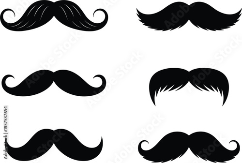 Black mustache and moustache silhouettes set with different shapes, barber shop and gentleman vector illustration