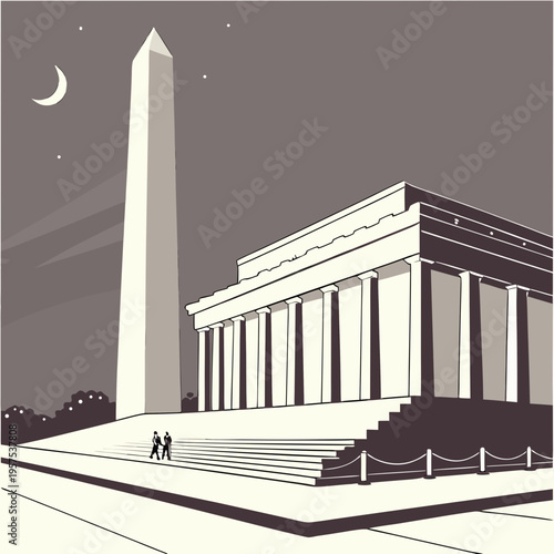 A vector graphic illustration of the Lincoln Memorial and Washington Monument at night